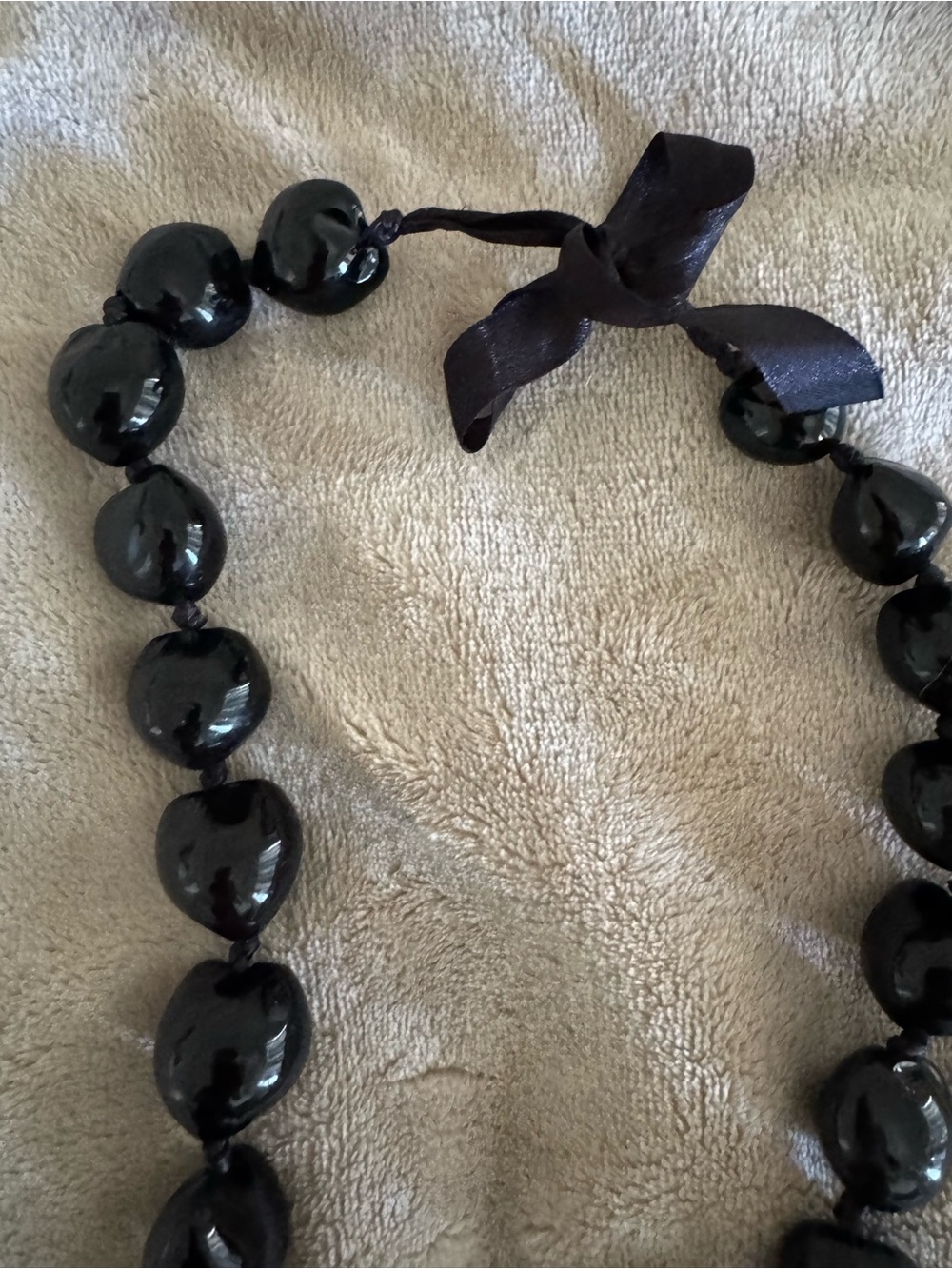 Black Bead Necklace from Hawaii with Ribbon Tie